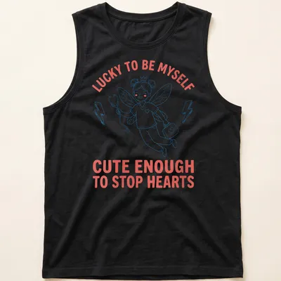 Kawaii nurse fairy t-shirt with playful text about hearts and luck — printed on a tank top
