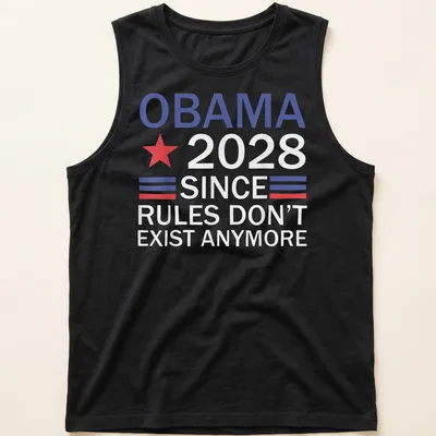 Bold graphic T-shirt featuring a red star and political text about Obama 2028 — printed on a tank top
