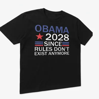 Bold graphic T-shirt featuring a red star and political text about Obama 2028 — printed on a unisex t-shirt (angled view)