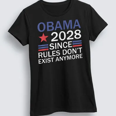 Bold graphic T-shirt featuring a red star and political text about Obama 2028 — printed on a women's shirt