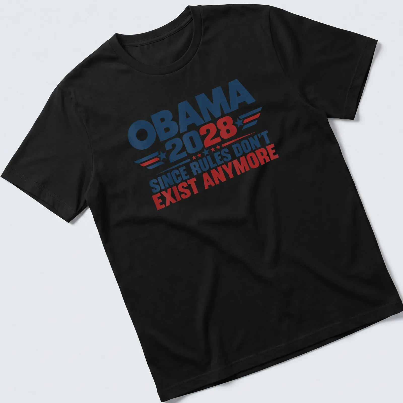 Bold political T-shirt featuring 'Obama 2028 Since Rules Don't Exist Anymore' in red, blue, and white typography — printed on a unisex t-shirt