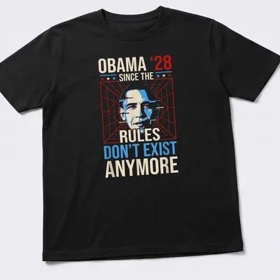 Bold graphic tee featuring Obama ‘28 slogan in red, blue, cream, and white