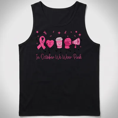 Kawaii cartoon t-shirt with pink ribbon, heart, boxing glove, and text promoting breast cancer awareness. — printed on a tank top