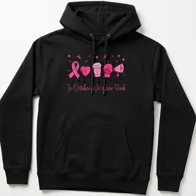 Kawaii cartoon t-shirt with pink ribbon, heart, boxing glove, and text promoting breast cancer awareness. — printed on a unisex hoodie