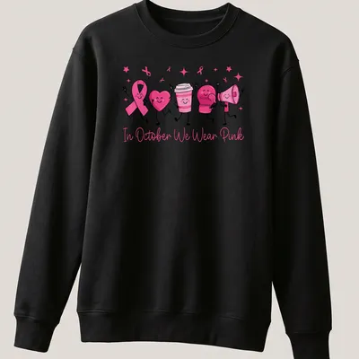Kawaii cartoon t-shirt with pink ribbon, heart, boxing glove, and text promoting breast cancer awareness. — printed on a unisex sweatshirt