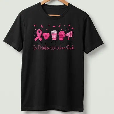 Kawaii cartoon t-shirt with pink ribbon, heart, boxing glove, and text promoting breast cancer awareness.