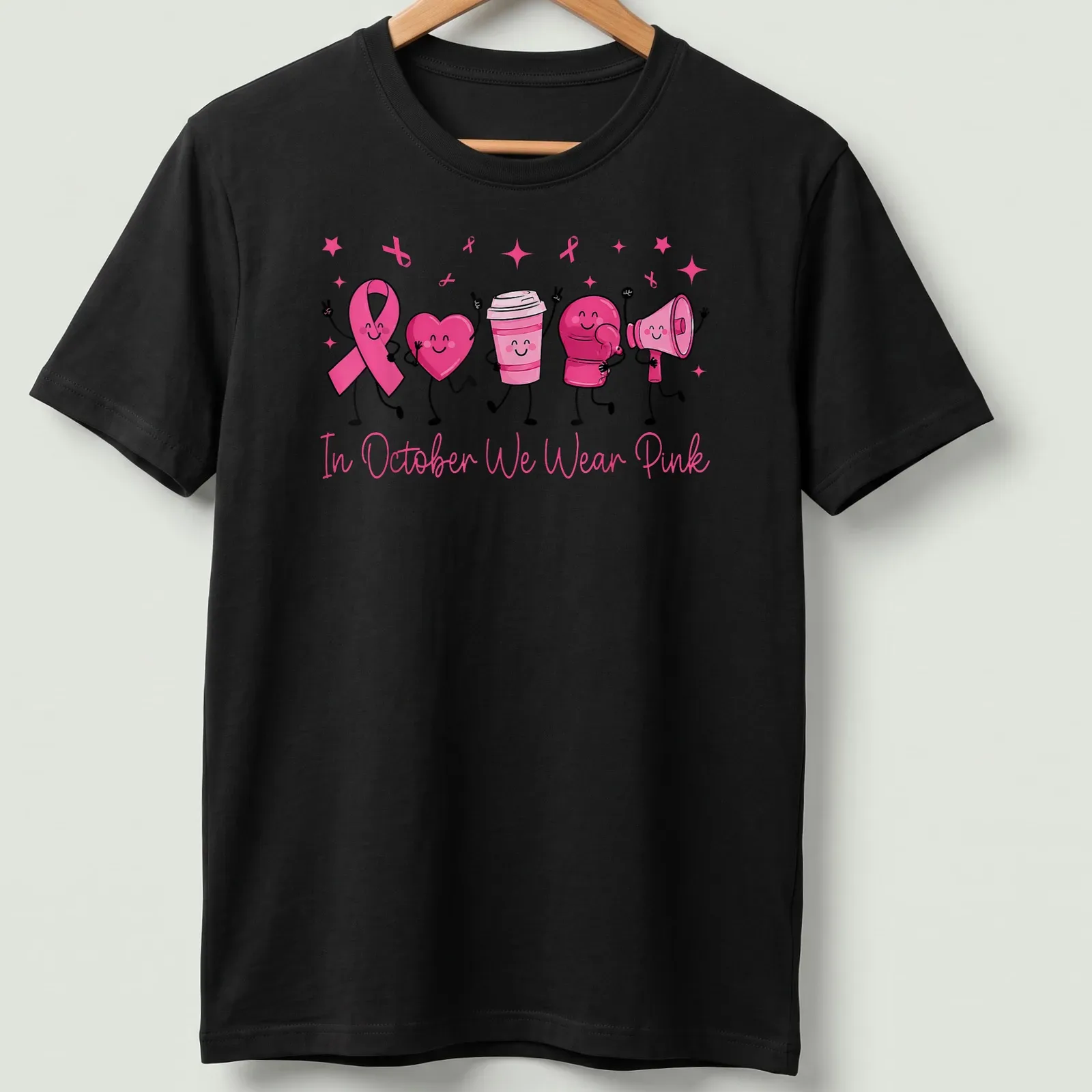 Kawaii cartoon t-shirt with pink ribbon, heart, boxing glove, and text promoting breast cancer awareness. — printed on a unisex t-shirt
