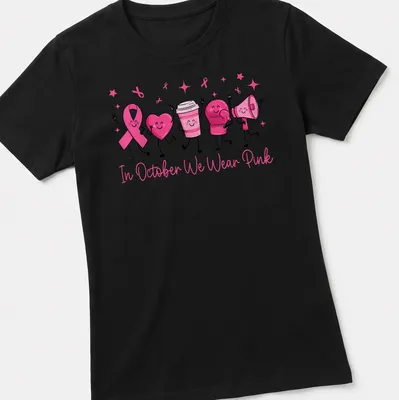 Kawaii cartoon t-shirt with pink ribbon, heart, boxing glove, and text promoting breast cancer awareness. — printed on a women's shirt