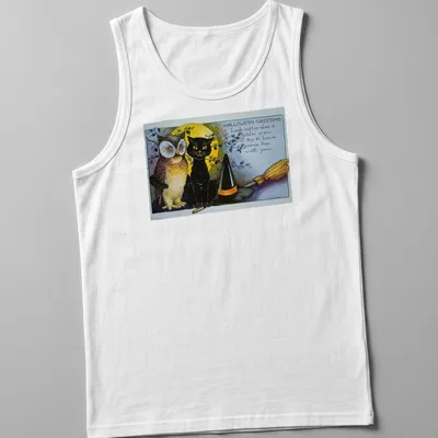 Vintage illustration of an owl and black cat with Halloween greeting text — printed on a tank top