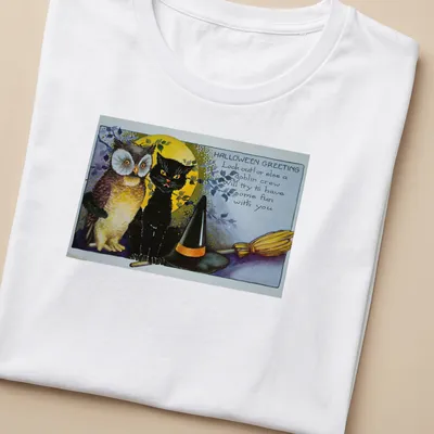 Vintage illustration of an owl and black cat with Halloween greeting text — printed on a women's shirt