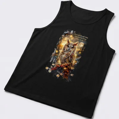 Detailed owl illustration with autumn leaves and inspirational text about taking time — printed on a tank top