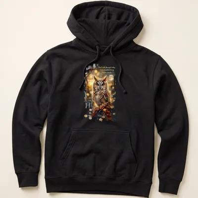 Detailed owl illustration with autumn leaves and inspirational text about taking time — printed on a unisex hoodie