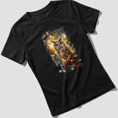 Detailed owl illustration with autumn leaves and inspirational text about taking time — printed on a women's shirt
