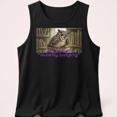 Illustrative owl t-shirt featuring the phrase 'My Vibe is Quietly Judging' in playful font — printed on a tank top