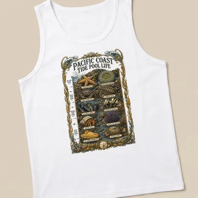 Illustration of tide pool marine life with vibrant colors and detailed design — printed on a tank top