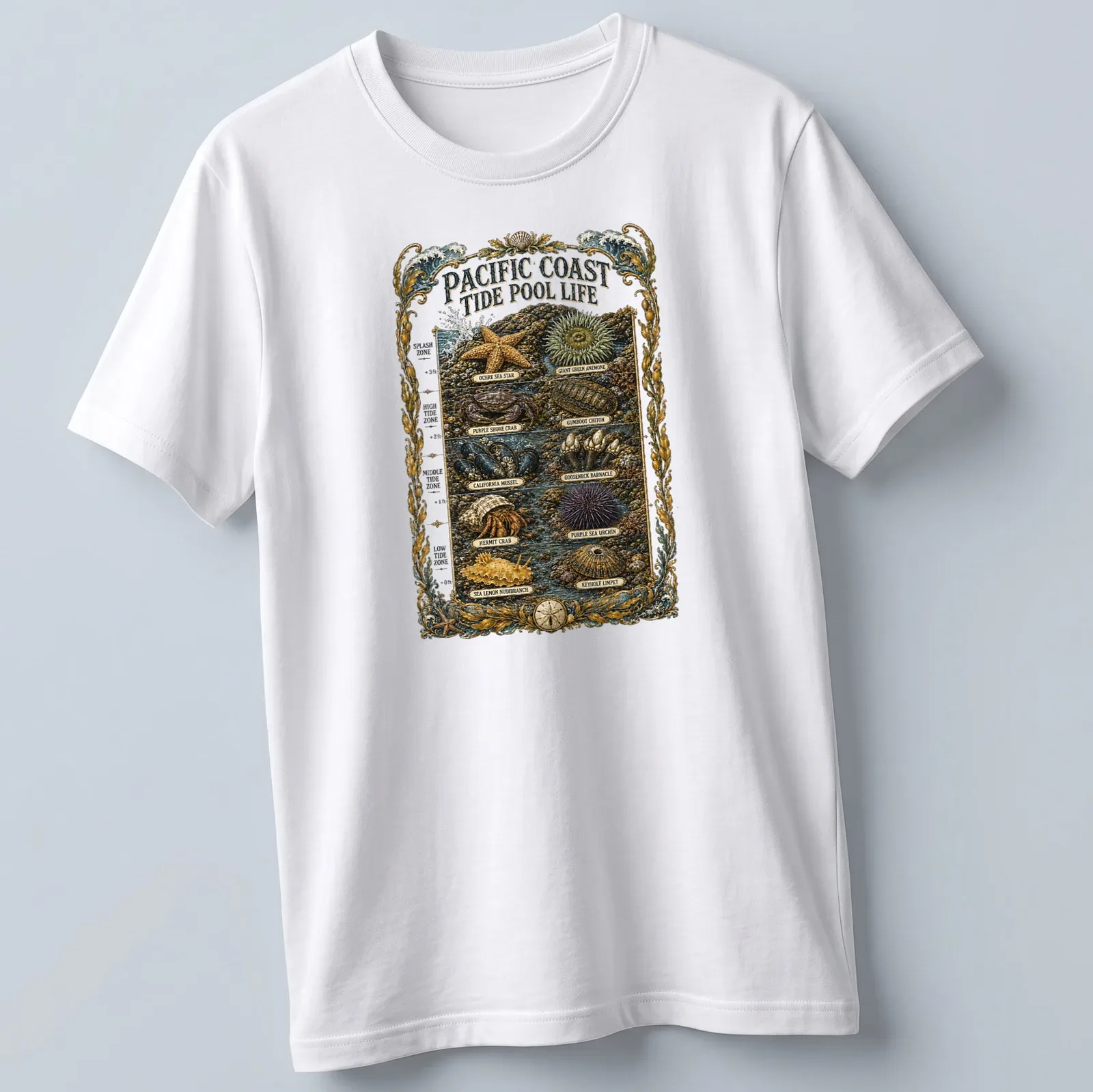 Illustration of tide pool marine life with vibrant colors and detailed design — printed on a unisex t-shirt