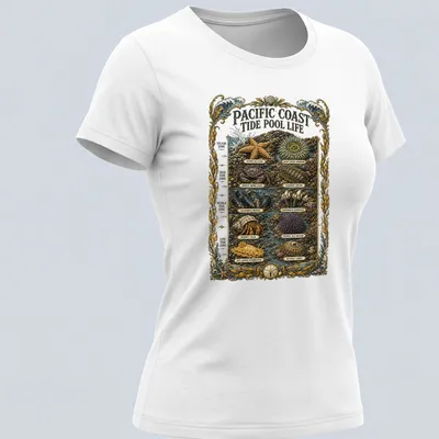 Illustration of tide pool marine life with vibrant colors and detailed design — printed on a women's shirt
