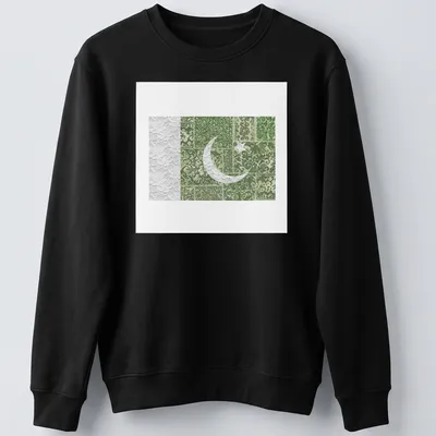 Artistic Pakistan Flag t-shirt with floral designs in green and white — printed on a unisex sweatshirt