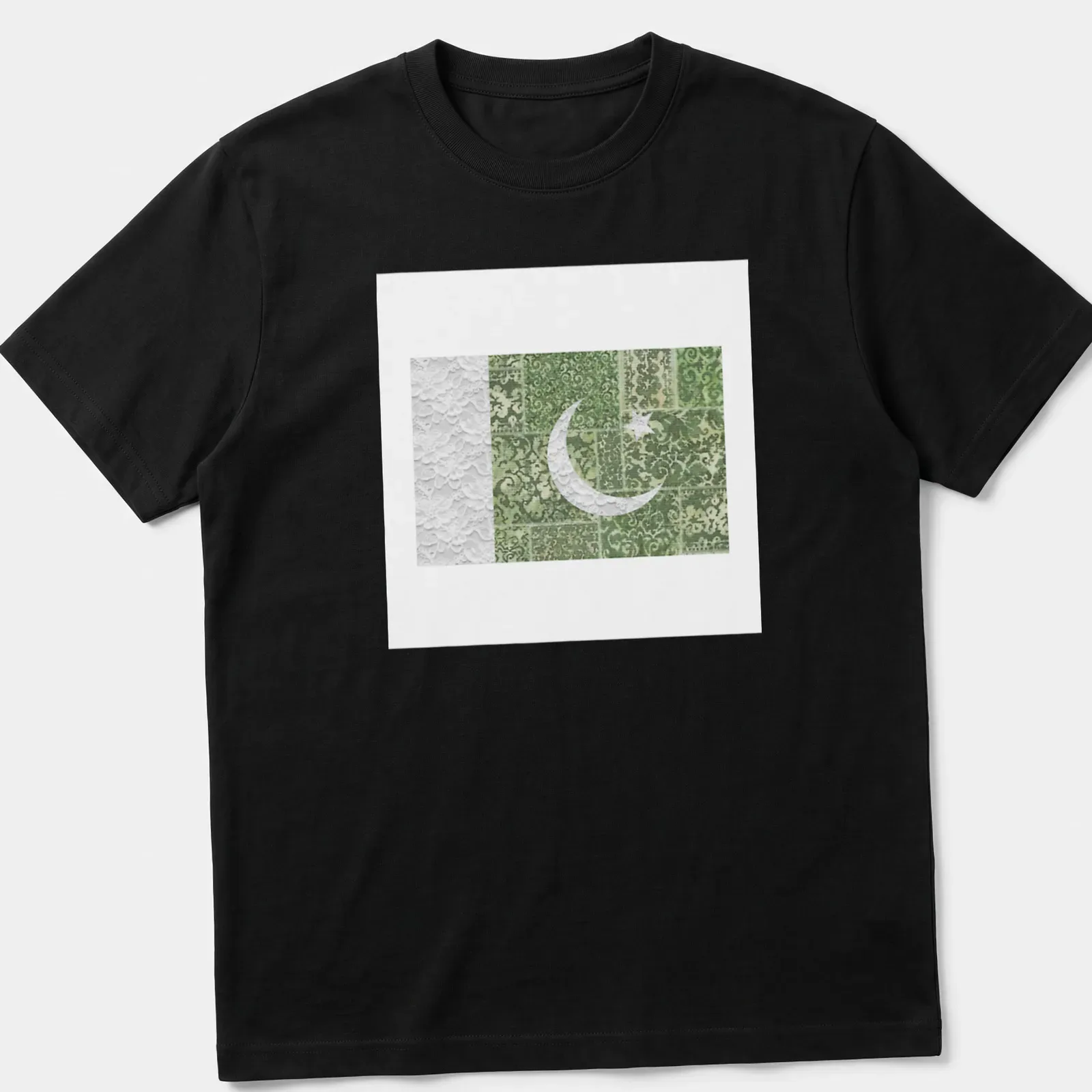 Artistic Pakistan Flag t-shirt with floral designs in green and white — printed on a unisex t-shirt
