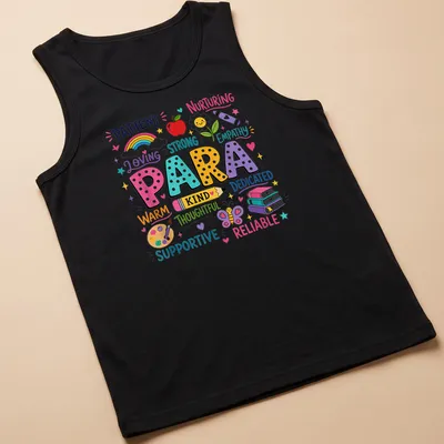 Colorful kawaii style text celebrating paraeducators' supportive roles — printed on a tank top