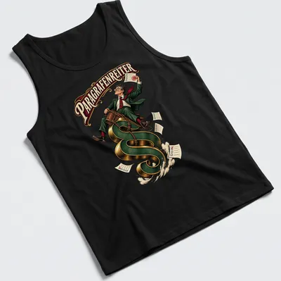 Cartoon of a bureaucrat riding a law symbol with the text 'PARAGRAFENREITER' above — printed on a tank top