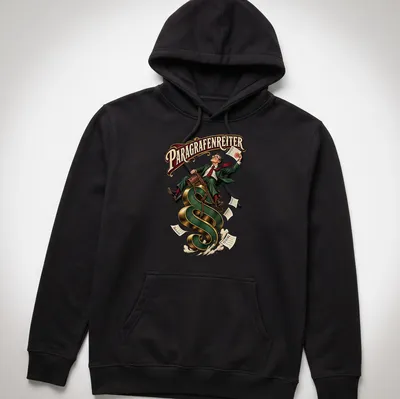 Cartoon of a bureaucrat riding a law symbol with the text 'PARAGRAFENREITER' above — printed on a unisex hoodie