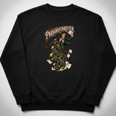 Cartoon of a bureaucrat riding a law symbol with the text 'PARAGRAFENREITER' above — printed on a unisex sweatshirt