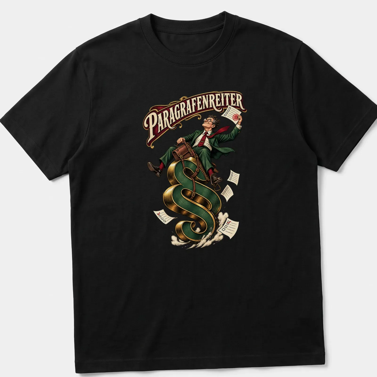 Cartoon of a bureaucrat riding a law symbol with the text 'PARAGRAFENREITER' above — printed on a unisex t-shirt