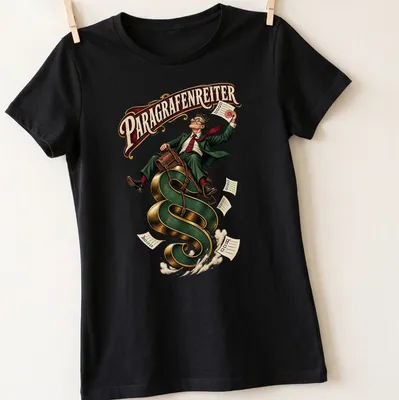 Cartoon of a bureaucrat riding a law symbol with the text 'PARAGRAFENREITER' above — printed on a women's shirt