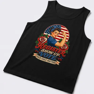 Vintage patriotic pinup with bold text about voting on a — printed on a tank top