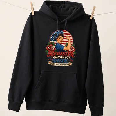 Vintage patriotic pinup with bold text about voting on a — printed on a unisex hoodie