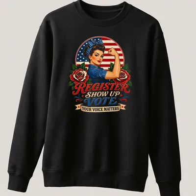 Vintage patriotic pinup with bold text about voting on a — printed on a unisex sweatshirt