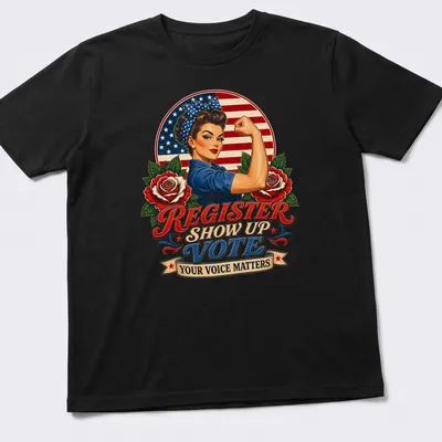 Vintage patriotic pinup with bold text about voting on a t-shirt
