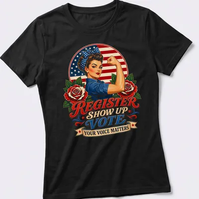 Vintage patriotic pinup with bold text about voting on a — printed on a women's shirt