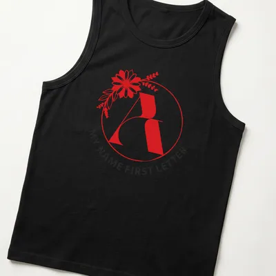 Floral initial letter print in modern typography with red, black, and white colors — printed on a tank top