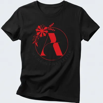 Floral initial letter print in modern typography with red, black, and white colors — printed on a women's shirt