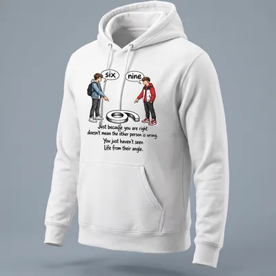 Illustrative T-shirt featuring two boys pointing at numbers six and nine with a quote about perspective — printed on a unisex hoodie