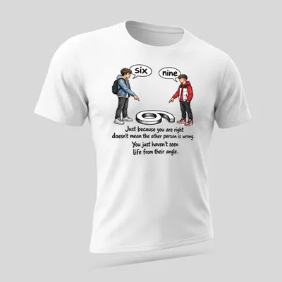 Illustrative T-shirt featuring two boys pointing at numbers six and nine with a quote about perspective — printed on a unisex t-shirt (angled view)