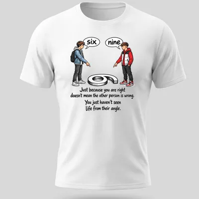 Illustrative T-shirt featuring two boys pointing at numbers six and nine with a quote about perspective