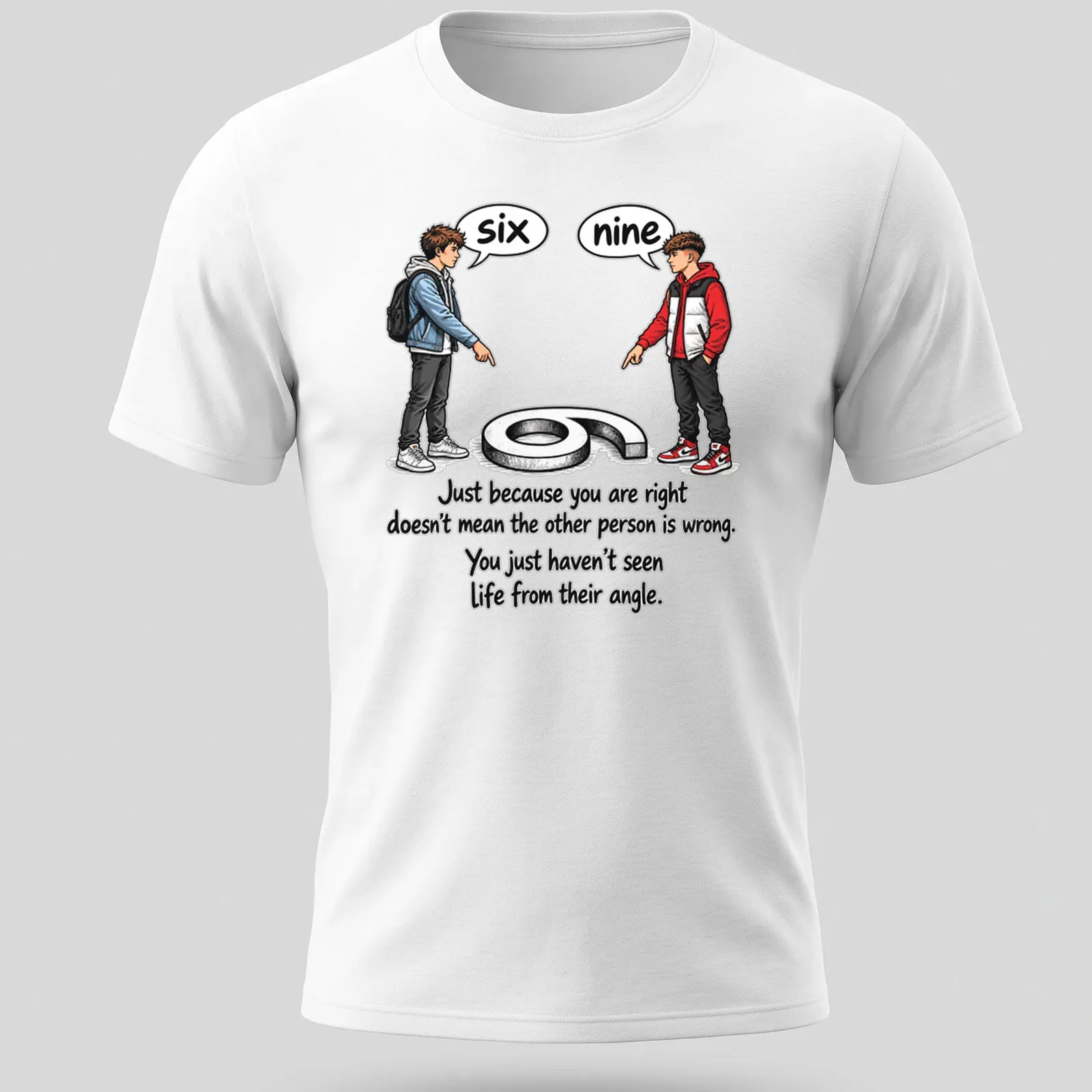 Illustrative T-shirt featuring two boys pointing at numbers six and nine with a quote about perspective — printed on a unisex t-shirt