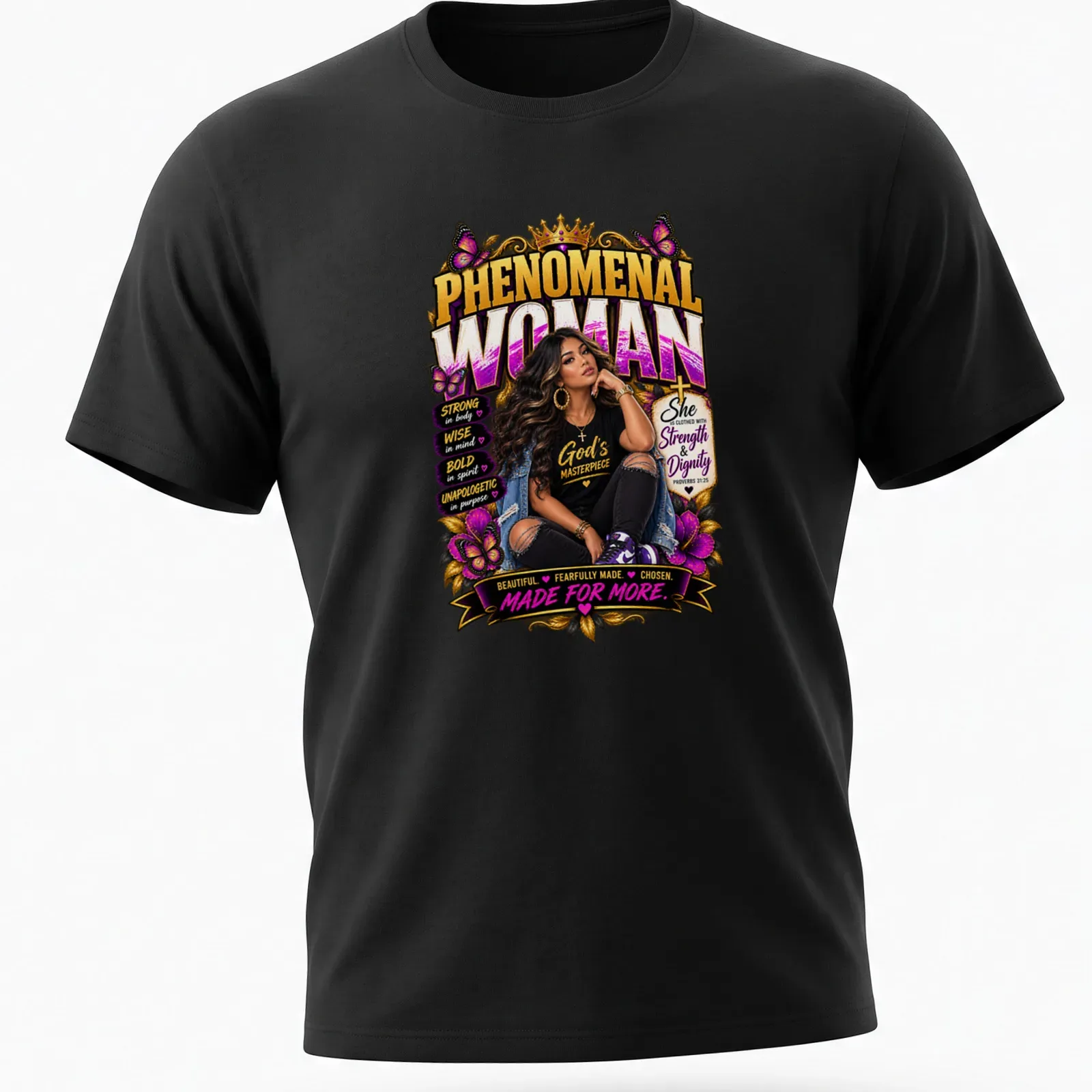 Empowering typography design featuring a Latina woman with a strong message. — printed on a unisex t-shirt