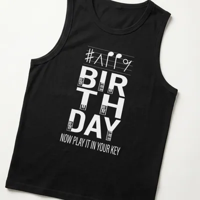 Typography design featuring musical notes and birthday wishes for pianists — printed on a tank top