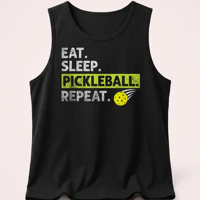 Bold typography t-shirt featuring Eat Sleep Pickleball Repeat in yellow, green, and white — printed on a tank top