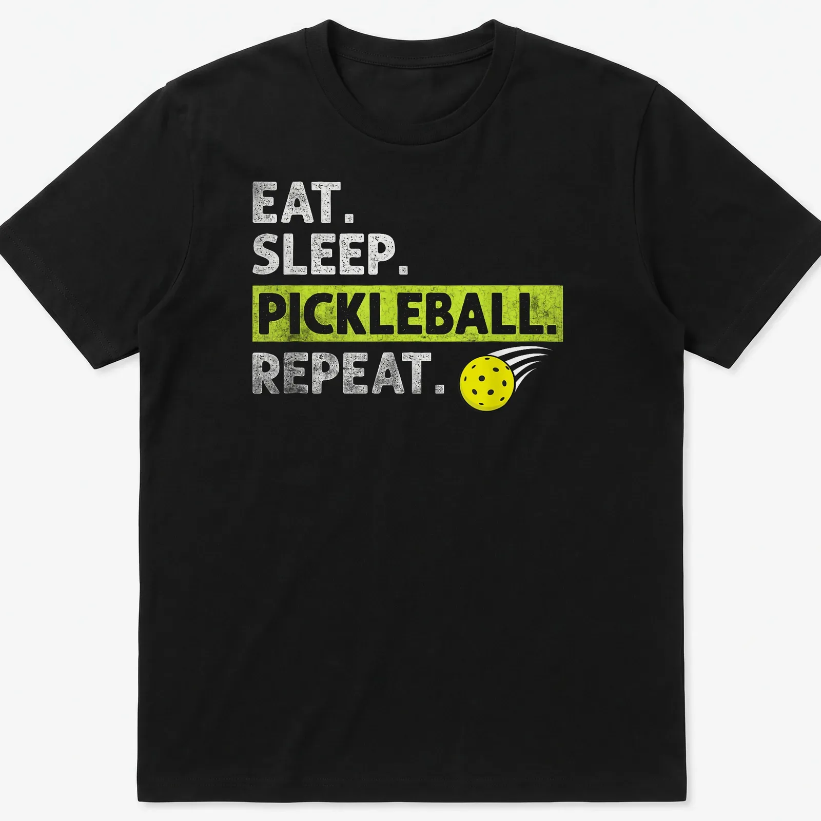 Bold typography t-shirt featuring Eat Sleep Pickleball Repeat in yellow, green, and white — printed on a unisex t-shirt