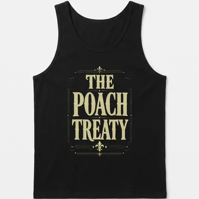 Vintage-style Pickleball t-shirt featuring the words 'The Poach Treaty' in yellow and white. — printed on a tank top