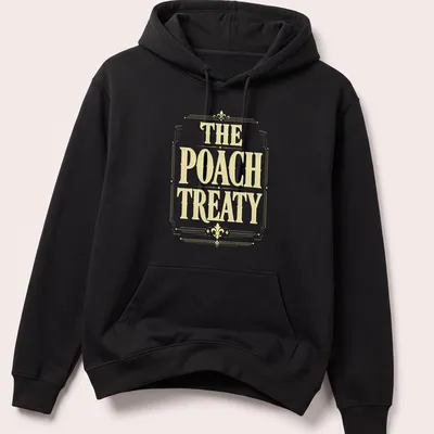 Vintage-style Pickleball t-shirt featuring the words 'The Poach Treaty' in yellow and white. — printed on a unisex hoodie