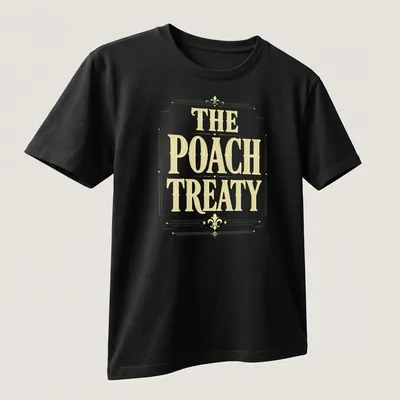 Vintage-style Pickleball t-shirt featuring the words 'The Poach Treaty' in yellow and white. — printed on a unisex t-shirt (angled view)