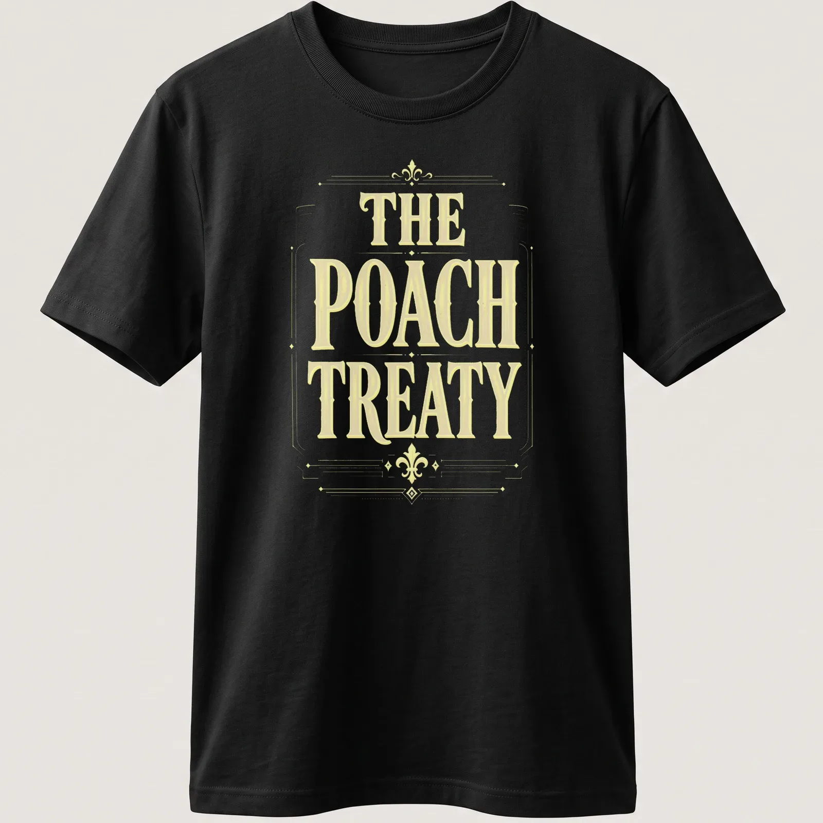 Vintage-style Pickleball t-shirt featuring the words 'The Poach Treaty' in yellow and white. — printed on a unisex t-shirt