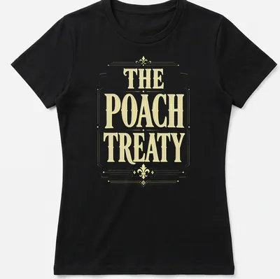 Vintage-style Pickleball t-shirt featuring the words 'The Poach Treaty' in yellow and white. — printed on a women's shirt