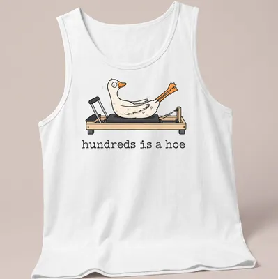 Cartoonish goose in Pilates pose with humorous text "hundreds is a hoe" — printed on a tank top
